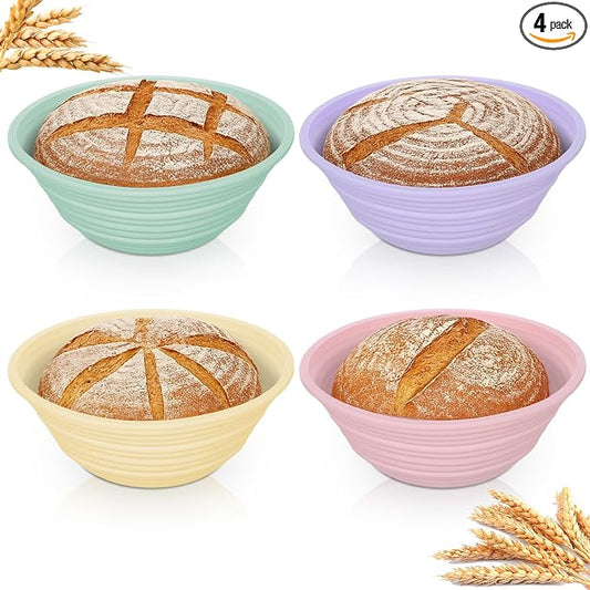 4Pcs Silicone Bread Proofing Basket,9" Foldable Silicone Proofing Baskets for Sourdough Bread Baking,Non-stick Round Dough Proofing Bowl Sourdough Bread Baking Supplies