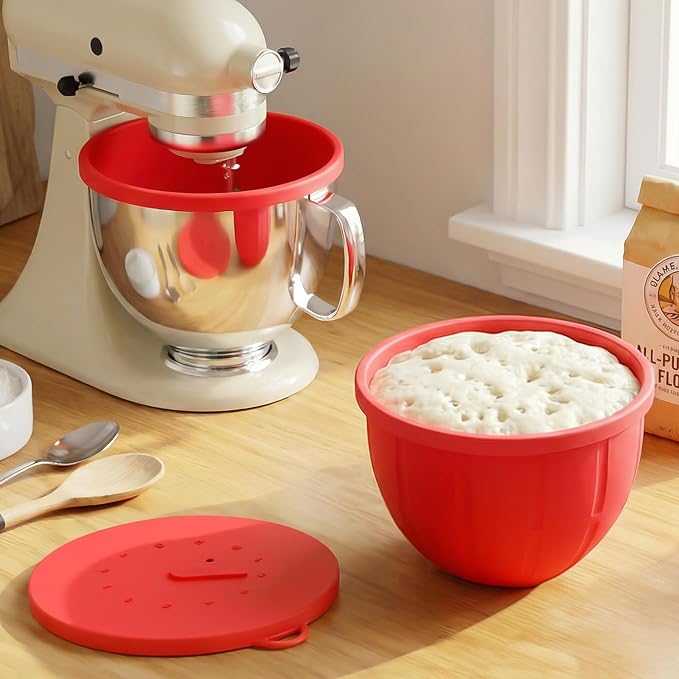 Silicone Liners for KitchenAid Mixers - Mixing Bowl Liners with Lid for 5 Qt Tilt-Head Stand Mixer, Kitchen Aid Accessories and Attachments with Measurement Markings & Timer Pointer, Red