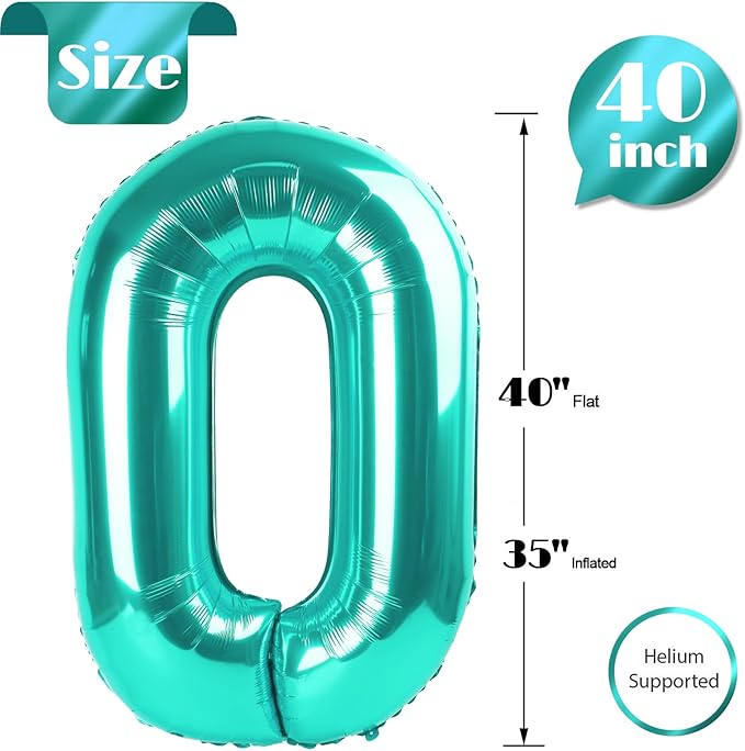 Teal Blue Number Balloon 40 Inch, 0 Number Balloons, 10 20 30 40 50 Numbers Balloon Birthday Decorations, Teal Party Supplies for Women