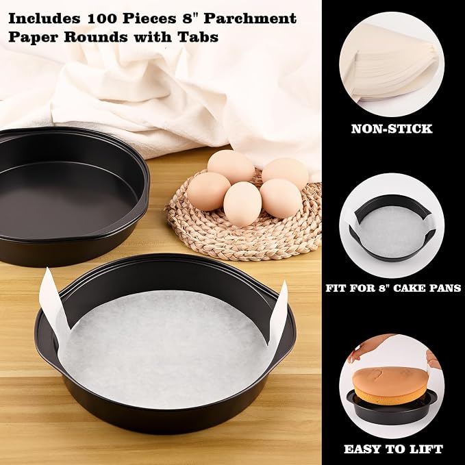 HUAKENER 8 Inch Cake Pan - Set of 3 Round Cake Pans with 100 Pieces Parchment Paper, Non-stick Cake Baking Pans with Handle, Dishwasher Safe
