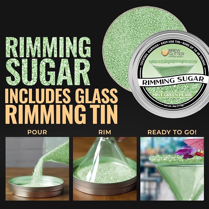 Brew Glitter - Mint Green Rimming Sugar (4oz, 1x Bar Tin) Cocktail Garnish for Mixed Drinks & Refreshments