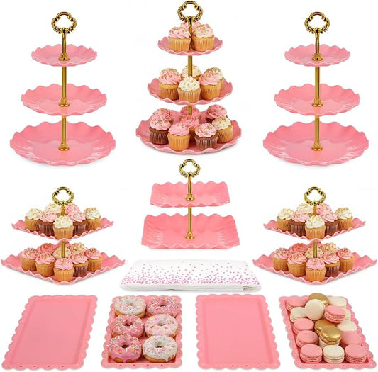 Pack of 11 NWK Cake Stand Set, with 3 x Two-Tier and 3 x Three-Tier Cupcake Stands, 4 x Appetizer Trays, 1 x Tablecloth for Birthday Bridal Baby Shower Party (Pink)