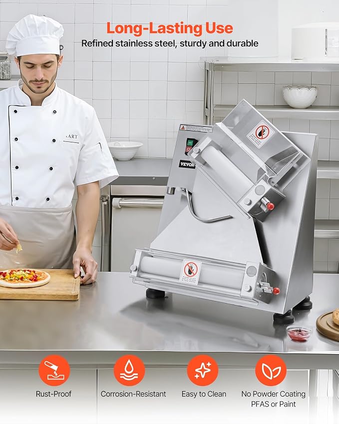 VEVOR Pizza Dough Roller Sheeter, 3-14 Inch Automatic Stainless Steel Pizza Press, Commercial Electric 370W Pasta Maker Machine, 260 pcs Per Hour, Adjustable Thickness, with Dough Press Lid