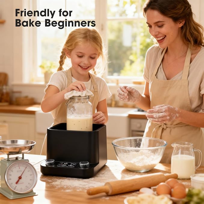 Sourdough Starter Warmer | Water Bath Precise 1°F Thermostat (70-104°F) Sourdough Warmer | For Jars Under 50oz |198-h Memory Timer |360° Uniform Heating |for Bread Baking,Yogurt & Kombucha(Black)