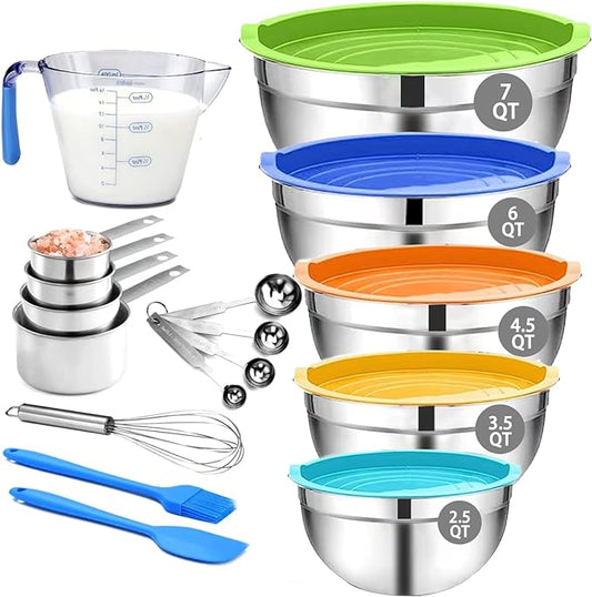 MIKULA Mixing Bowls Set, 22PCS Large Stainless Steel Mixing Bowl with Lids Set, Large Nesting Bowls 7/6/4.5/3.5/2.5QT, Measuring Cups and Spoons Baking Storage Metal Bowl for Kitchen Prep Supplies