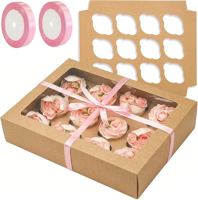Bakepacker Auto-pop Up Cupcake Boxes with Window Brown 40PCS 12 Count Cupcake Box 13"x10"x3.5" Cupcakes Carrier, 12 Cupcake Containers with 2 rolls of pink ribbons