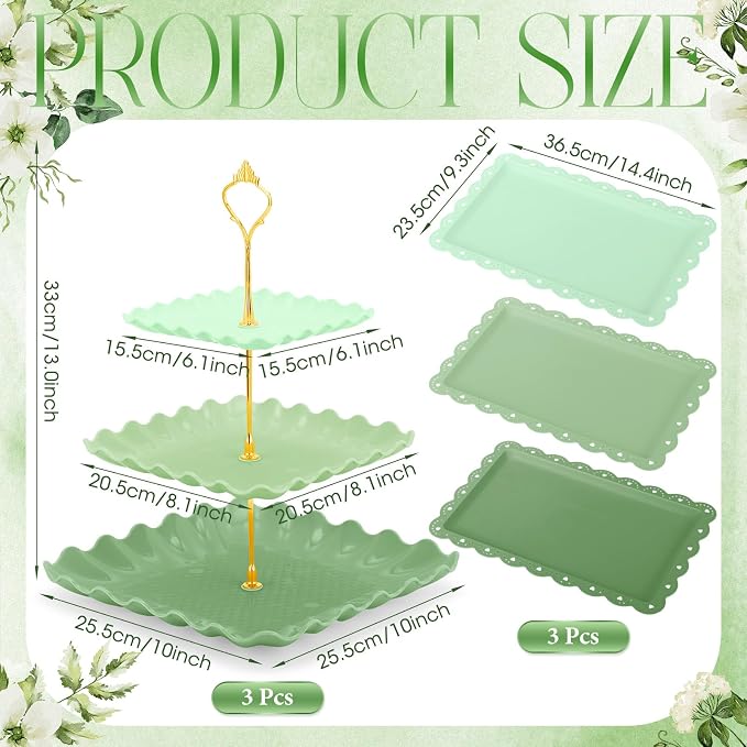 FoldTier 6 Pack Cupcake Stand Set 3 Pcs 3 Tier Gradient Dessert Table Display Stands Cookie Tray Rack 3 X14 in Rectangle Party Trays for Wedding Birthday Tea Party Baby Shower(Green,Rectangle)