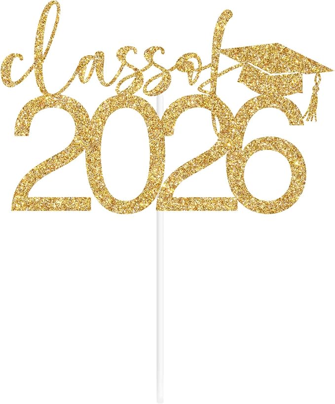 Class of 2026 Cake Topper, Congrats 2026 Cake Décor, Congrats Grad, Happy Graduation, High School/Senior/University Graduation Party Decorations Gold Glitter
