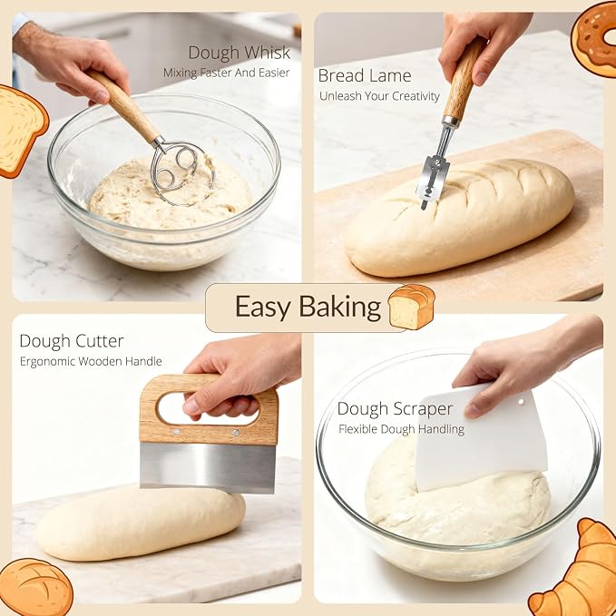 Nikkar Complete Sourdough Starter Kit with Bamboo Storage Rack Bread Basket | 12 Set Sourdough Bread Baking Supplies with Glass Sourdough Starter Jar for Bread Making Baking Fermentation