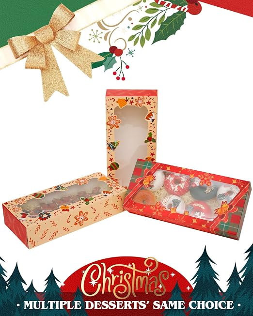 qiqee Christmas 12Packs Cookie Box with Window 12x5.5x2.5 Inch Two Uses Pastry Biscuit Bakery Box for Christmas