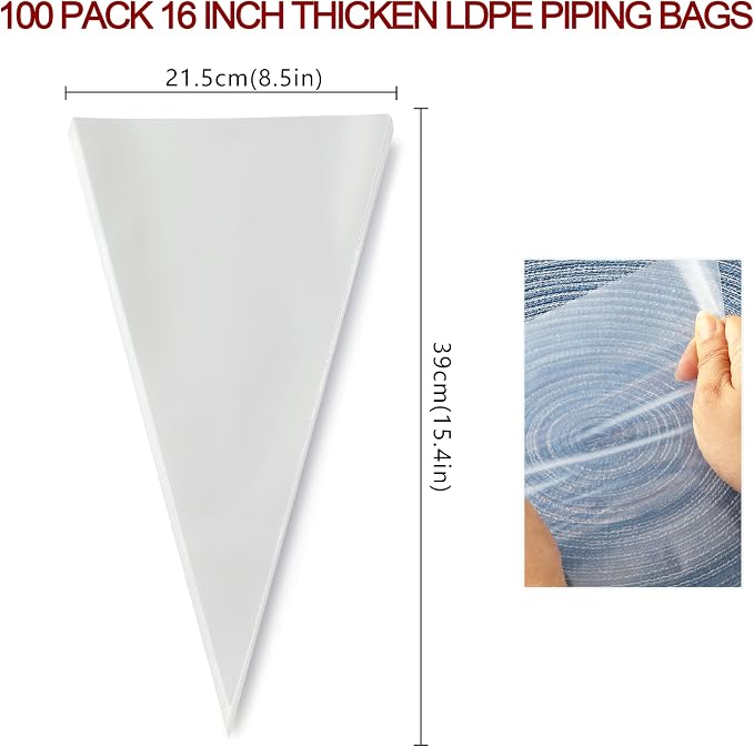 Cokuma 16-Inch Disposable Piping Bags for Decorating Pastry, 100 Pack | LDPE material, Large size, Food grade, Anti-burst, Slip-resistant, for decorating cakes cupcakes and cookies, BPA-free