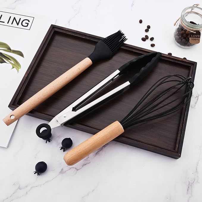 Silicone Black Kitchen Utensil Set with Holder, 12 Pcs Spatula Set for Cooking, Heat Resistant Kitchen Tools Spoon Turner Whisk for Cookware.