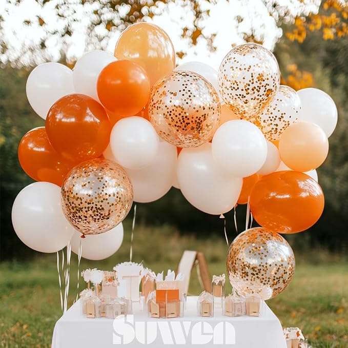 SUWEN 60PCS Orange Confetti Balloons Set Latex Helium Chrome Burnt Orange Balloon for Birthday Graduation Halloween Party Decorations