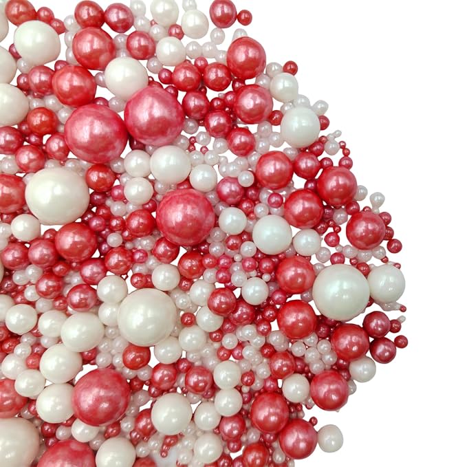 Edible White Red Sugar Pearls Candy Sprinkles 120G/ 4.23Ounce Baking Cake Sprinkles Cupcake and Cake Topper Cookie Decorations Wedding Party Valentines Halloween Christmas Supplies