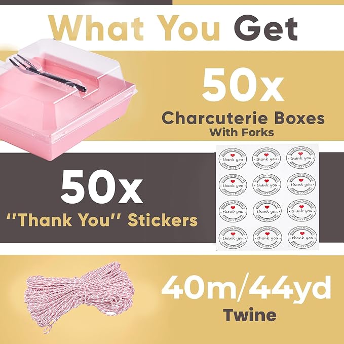 Leafiew 50 Pack Clear Treat Boxes with Forks - Small Dessert Boxes To Go - 5 Inch Disposable Paper Mini Containers for Cookie, Cake Slice, Charcuterie, Bakery, Strawberry, Baked Goods Packaging (Pink)