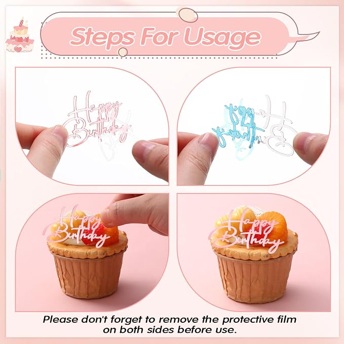 Weysat 30 Pcs Pink Mirror Acrylic Cupcake Toppers Happy Birthday Cake Decorations for Birthday Party Cupcake Toppers