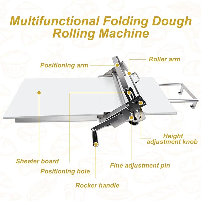 Folding Dough Sheeter Machine, 32.7"X18.9'' Dough Sheeter with 56 Adjustable Thickness Settings (0-25mm), Manual Stainless Steel Dough Roller for Home and Commercial Bakeries