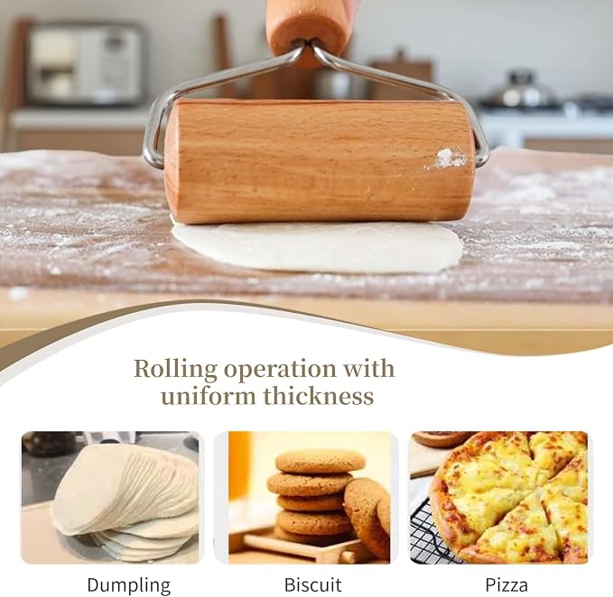 Stainless Steel & Beechwood Rolling Pin with Adjustable Thickness - Ergonomic Dumpling/Pasta Maker、Pizza, Kitchen Tool for Home Chefs, Dishwasher Safe & Rustproof Design (Y)
