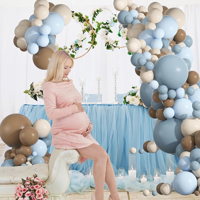 Premium 136pcs Dusty Blue & Brown Balloon Arch Kit – 18/12/10/5 Inch Neutral Sand White Balloons for Bear Baby Shower, Woodland Gender Reveal, Boho Wedding Party Decor