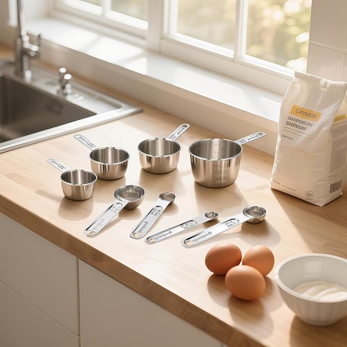 Measuring Cups and Spoons Set (8 Piece), Stainless Steel Measuring，4 Spoons, 4 Cups, Metal Measuring Cups for Cooking & Baking