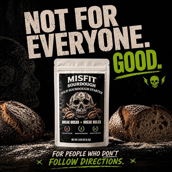 Misfits Sourdough Wild Sourdough Starter Culture – Dehydrated Live Active Wild Yeast Bread Starter for Homemade Artisan Bread Baking, Unbleached Flour, Reusable Fermented Baking Culture