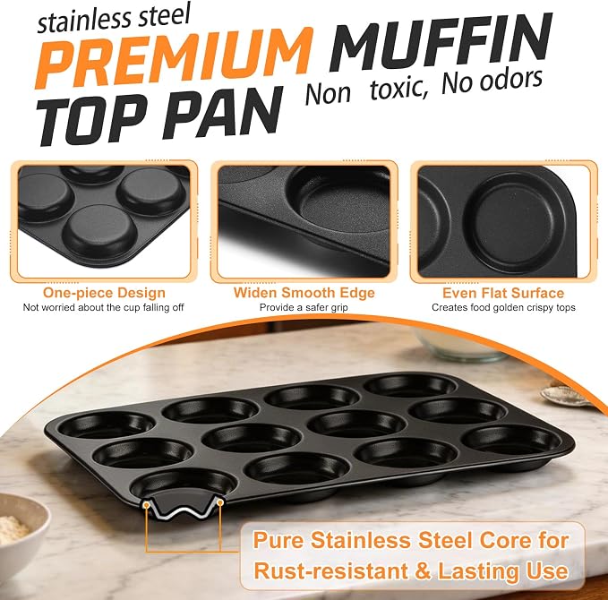 P&P CHEF 12-Cup Muffin Top Pan (2 Piece), Stainless Steel Muffin Pan Cupcake Tin with Shallow Side for Whoopie Pie & Yorkshire Pudding, Easy Clean & Oven Safe, Black