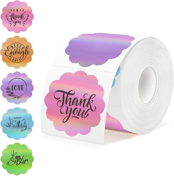 300 Labels/Roll 2" Holographic Round Thermal Labels, Scalloped Multi-Colors Blank Circle Sticker for Small Business, Thank You, Logo Design, Waterproof for Direct Thermal Label Printers