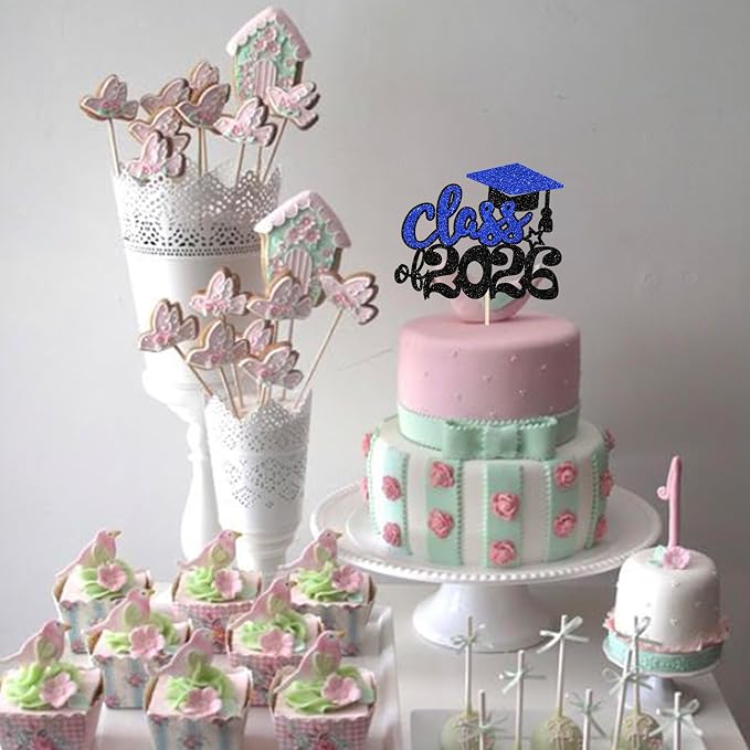 1 Pack 2026 Graduation Cake Topper Glitter Grad Cap Diploma Cake Decorations 2026 Senior Graduation Cake Pick for 2026 School Graduation Theme Party Cake Decoration Supplies Blue
