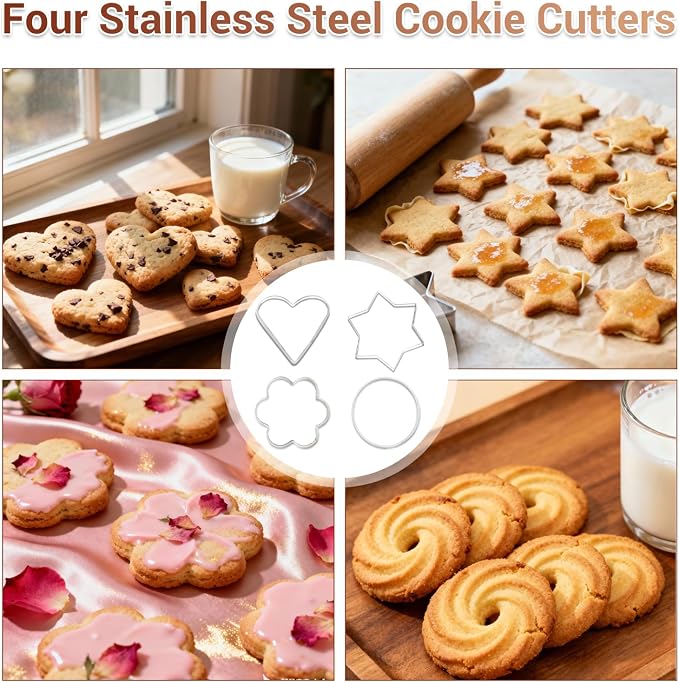 Adjustable Rolling Pin with Thickness Rings, Wooden Dough Roller & 12 Stainless Steel Cookie Cutters Set – 5-in-1 Baking Kit for Pizza, Fondant, Pie, Cookies, Pastry, 17" Non-Stick Wood
