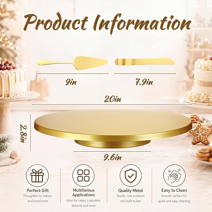 Wenqik 20 Inch Metal Cake Stand with Cake Knife and Spatula, Round Dessert Table Display Stand Metal Dessert Tray Serving Platter for Party, Wedding, Birthday, Baby Shower, Anniversary(Gold)