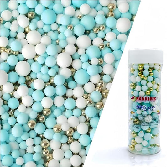 Edible Blue & White & Gold Sugar Pearls Sprinkles Candy Mix Size Pearls Cake Decorations Cupcake Toppers Decorating Perfect for Wedding Party Valentine Christmas Supplies 4.58OZ