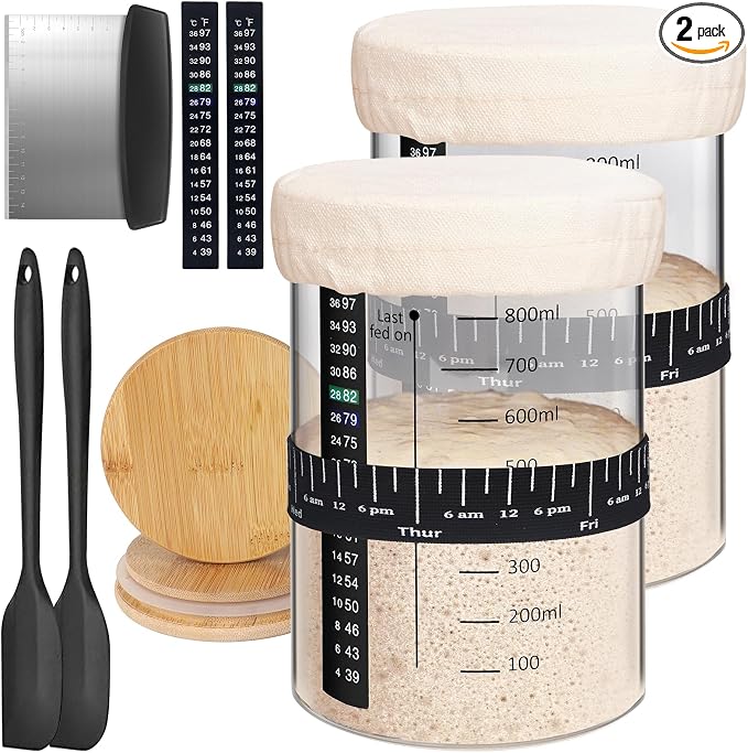 Kmise 2 Pack Pro Sourdough Starter Jar, 34 Oz Large Capacity DIY Glass Sourdough Starter Jar Kit With Thermometer, Date Marked Feeding Band, Cloth Cover, Spatula and Cutter - Reusable baking supplies