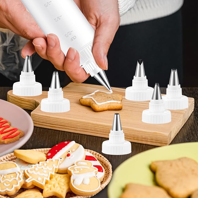 LemonRoad 4 Pcs Piping Bottles for Icing Cookie Decorating Supplies Plastic Squeeze Bottles with 6 Different Piping Tips for Cookie Icing Kit Pancake Squeezing Applicator Writer(4 oz)