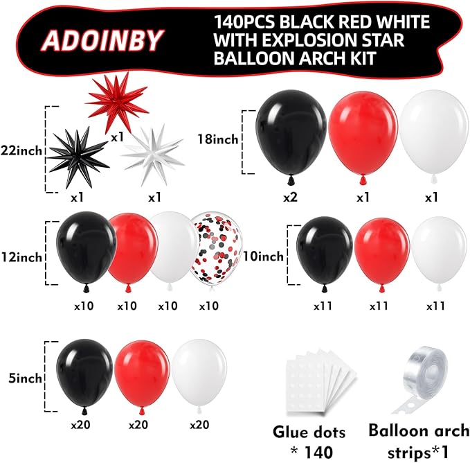 Red and Black White Balloon Arch Kit, 140Pcs Red Black White with Stars Balloon Garland kit, Different Size Balloons for Birthday Graduation Racing Car Poker Card Anniversary Party Decorations