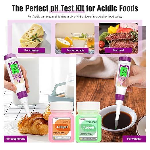 pH Meter for Food Fermentation, Spear pH Probe for Canning Salsa | ±0.01 pH tester with ATC. Replaceable probe with pH calibration kit. For bread dough, hot sauce, kombucha, cosmetics
