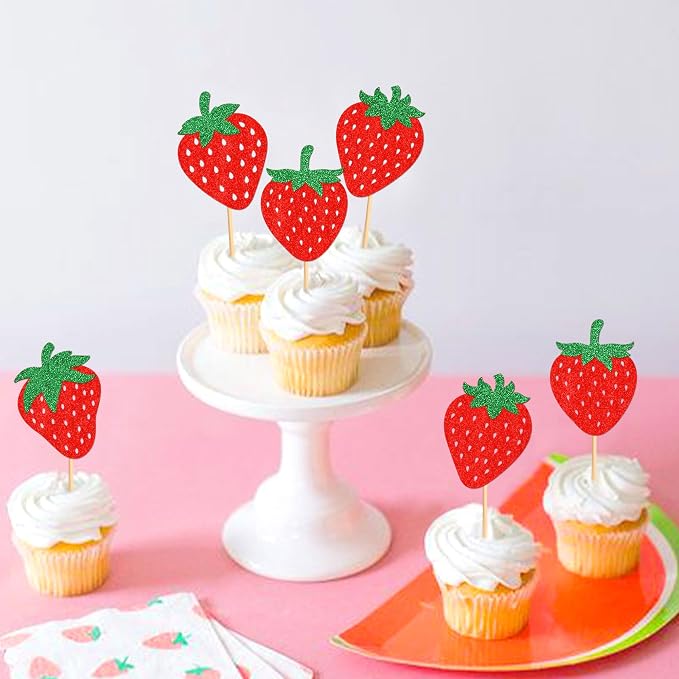 24pcs Glitter Red Strawberry Cupcake Toppers Red Strawberries Cupcake Picks for Strawberry Baby Shower Kids Boys Girls Berry Birthday Sweet Fruit Bridal Shower Wedding Party Cake Decorations