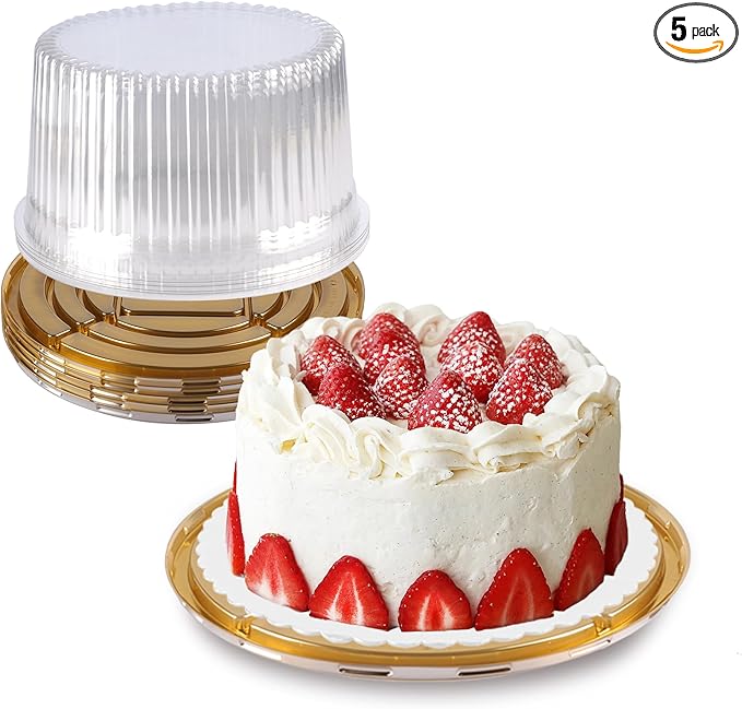 NPLUX 10 Inch Plastic Cake Carriers Gold Cake Containers with Lid and White Cake Boards, Clear Cupcake Holder for 1-2 Layer Cheesecake, Bakery Supplies, Graduation Gifts Party Favors(5 Pack)