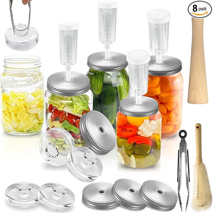 Fermentation Kit for Wide Mouth Mason Jars-4 Stainless Steel Fermentation Lids,4 Glass Fermentation Weights,1 Silicone Tong,1 sauerkraut pound, 1Wooden Handle Brush Cleaner（ Jars Not Included ）