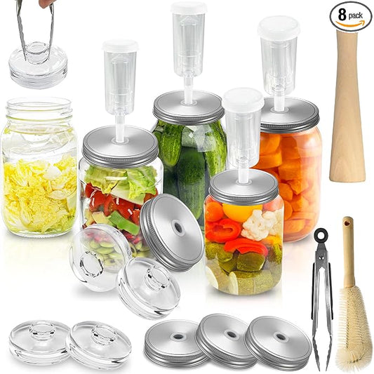 Fermentation Kit for Wide Mouth Mason Jars-4 Stainless Steel Fermentation Lids,4 Glass Fermentation Weights,1 Silicone Tong,1 sauerkraut pound, 1Wooden Handle Brush Cleaner（ Jars Not Included ）