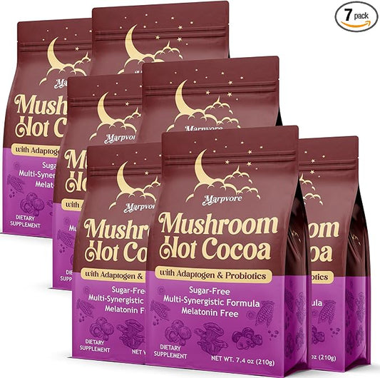 Mushroom Hot Cocoa Powder with Magnesium Glycinate, L-Theanine, Ashwagandha, Reishi, Probiotics, Cacao Powder Organic Hot Chocolate Supplement for Sleep, Relax, Digestion, Vegan 7-Pack