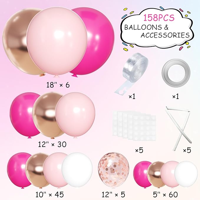 Rose Red Pink Champagne Balloon Arch Garland Kit, 146 Pcs Hot Pink Confetti Rose Gold Tender Pink White Balloons for Graduation Birthday Party Baby Shower Wedding Decorations