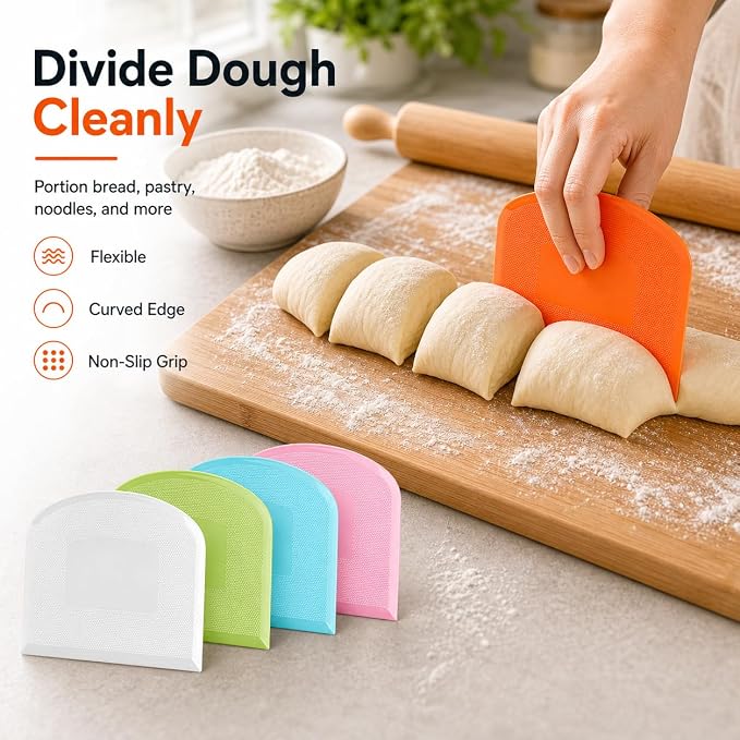 Flexible Dough Scraper & Cutter Set, 5-Piece Bench & Bowl Scrapers | Flexible Plastic, Bench and Bowl Scrapers, Curved Edge, Textured Grip, For Sourdough, Pizza, Fondant, Pastry and Cake Icing