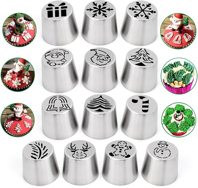 14-Piece Extra Large Christmas Russian Piping Tips, Stainless Steel Santa Claus, Snowflake, Christmas Tree Designs, for Cake Decorating Flower Nozzles Cookie Dessert Baking Tools