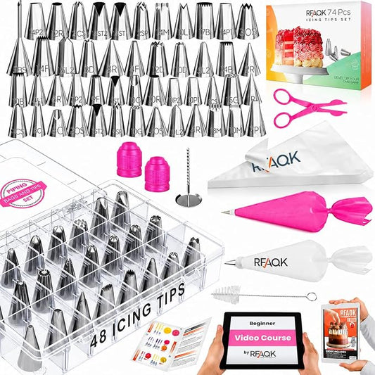 RFAQK 74 PCs Icing Piping Bags and Tips Set, Cake Decorating Kit with 48-Numbered Piping Tips, 20+1 Pastry Bags for Cookie Cupcake Cake Decoration, with Booklet and E-book (Pink)