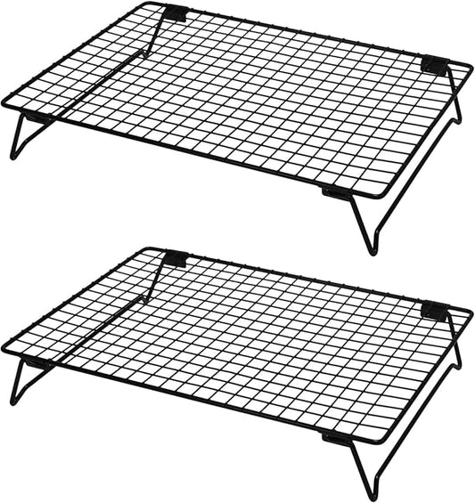 Pine & Linen 2pcs Cooling Racks,Stackable Wire Cooling Racks with Collapsible Legs,Black Rack for Cooking Roasting Drying Grilling/Cookie Rack(9.4x13.4 Inch)