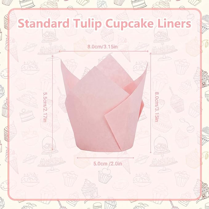200 Pcs Pink Tulip Cupcake Liners for Baking, Standard Size | Standard Greaseproof Tulip Muffin Liners for Baking, 3oz Pink Paper Cupcake Wrappers for Party Wedding Birthday