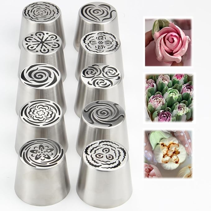 10pack Russian Piping Flower Nozzles Extra Large, Stainless Steel Rose Floral Piping Nozzles for Cake Decorating Icing, Cream Flower Bouquet DIY Cookies, Desserts Baking Tools (XXL,10A）