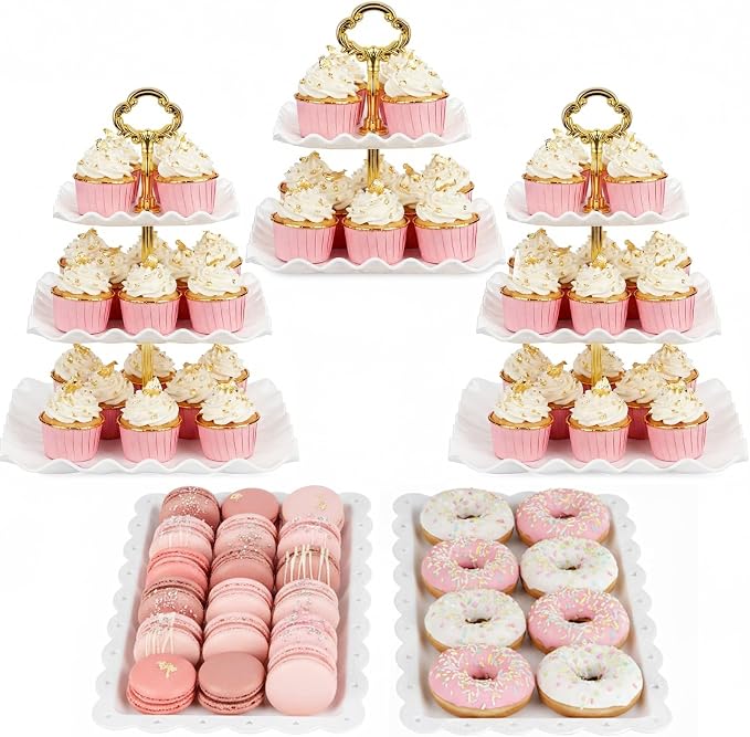 NWK 5 Piece Cake Stand Set with 2 x 3-Tier Cupcake Stands, 1 x2-Tier Cupcake Stands, 2 x Appetizer Trays, for Wedding Birthday Baby Shower Tea Party Decorations (5, Gold, Square)