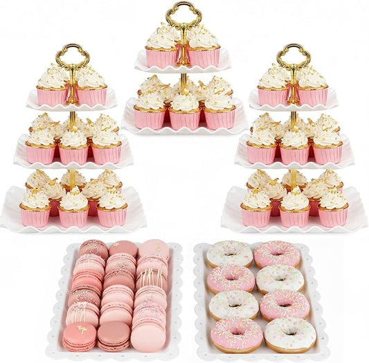 NWK 5 Piece Cake Stand Set with 2 x 3-Tier Cupcake Stands, 1 x2-Tier Cupcake Stands, 2 x Appetizer Trays, for Wedding Birthday Baby Shower Tea Party Decorations (5, Gold, Square)