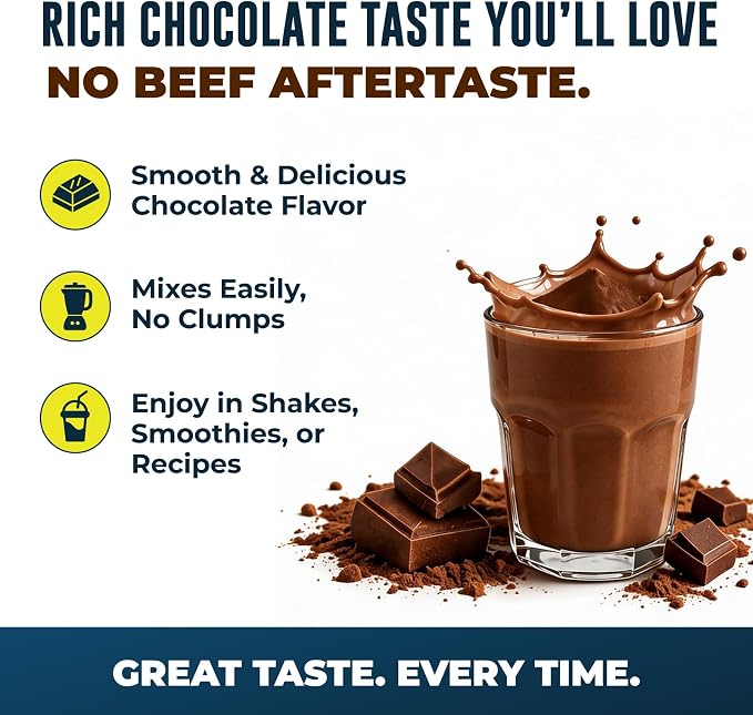 Grass Fed Beef Protein Powder – 22g Protein, 17g Collagen, 18 Amino Acids, Non-GMO - Dairy, Sugar & Gluten Free – Chocolate Flavor, Carnivore & Paleo Friendly, Beef Protein Isolate, 30 Servings